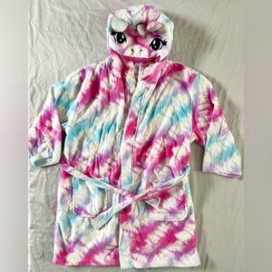 Saint Eve Girls Unicorn Hooded Robe Size 10/12 Tie-Dye Swirl Plush Bathrobe